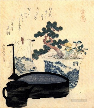 日本 Painting - 漆塗りの洗面器と水差し 葛飾北斎